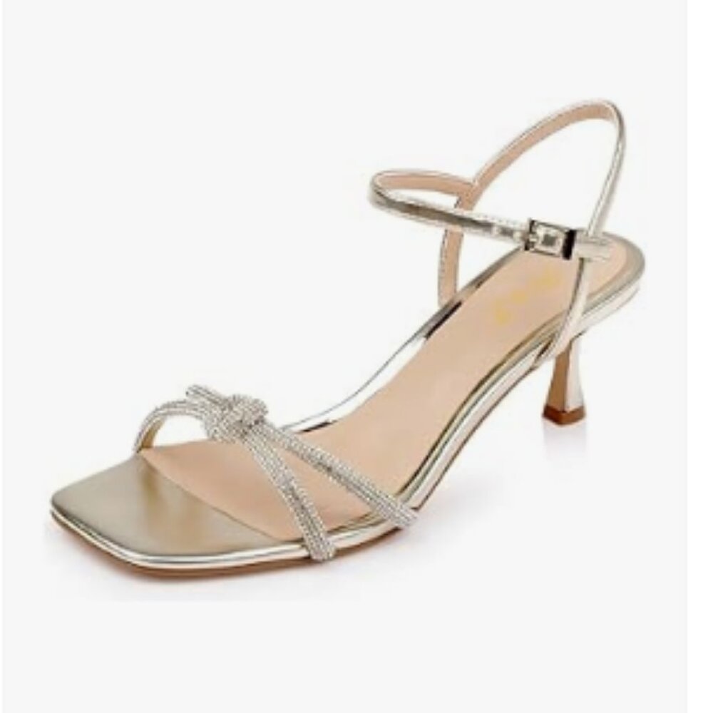 FOWT Gold Charm Open Toe Comfy Kitten Heel Sandals Adjustable Ankle Strap Shoes